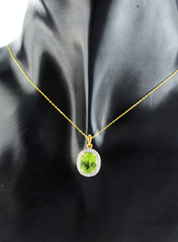 18K Gold Genuine Diamond Oval Cut Peridot Pendant Necklace 0.12 Carat
