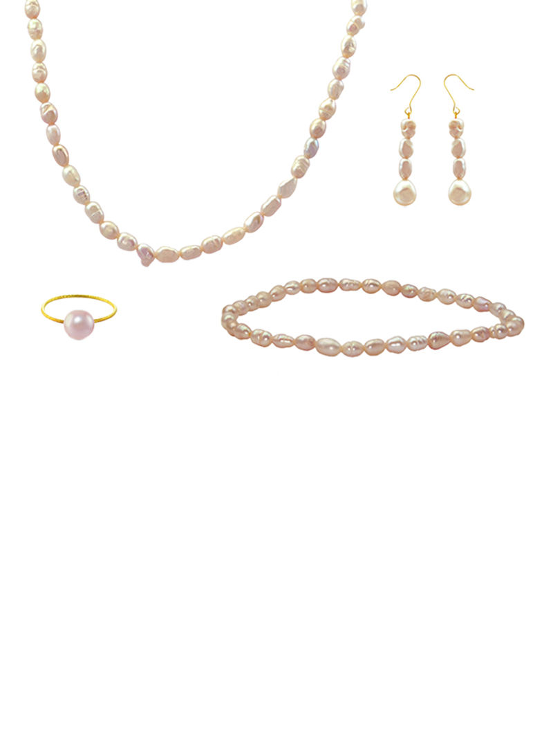 Set of 4 18 Karat Gold Pearl Beads Necklace Bracelet Earrings and Ring