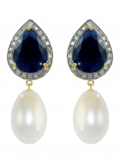 18 Karat Gold 0.24 Ct Diamond Sapphire And Pearl Earrings
