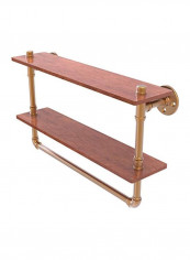 Pipeline Collection Double Ironwood Towel Bar Wood Shelf Brushed Bronze 22inch