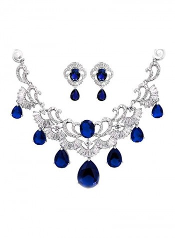 2-Piece Rhodium Plated Brass Cubic Zirconia And Sapphire Studded Jewellery Set