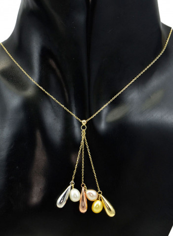 18 Karat Solid 3 Tone Gold Drop With 7 mm Drop Pearls Pendant Necklace