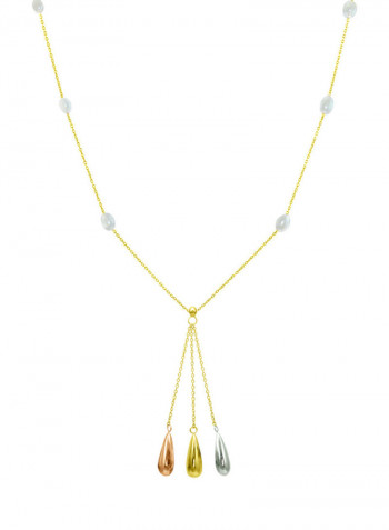 18 Karat Solid 3 Tone Gold Gradual Built In Pearl With Drop Necklace
