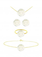 18K Gold Rose Carved Mother Of Pearl 4 Piece Jewellery Set