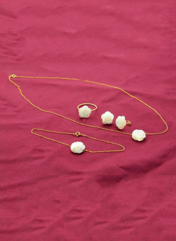18K Gold Rose Carved Mother Of Pearl 4 Piece Jewellery Set