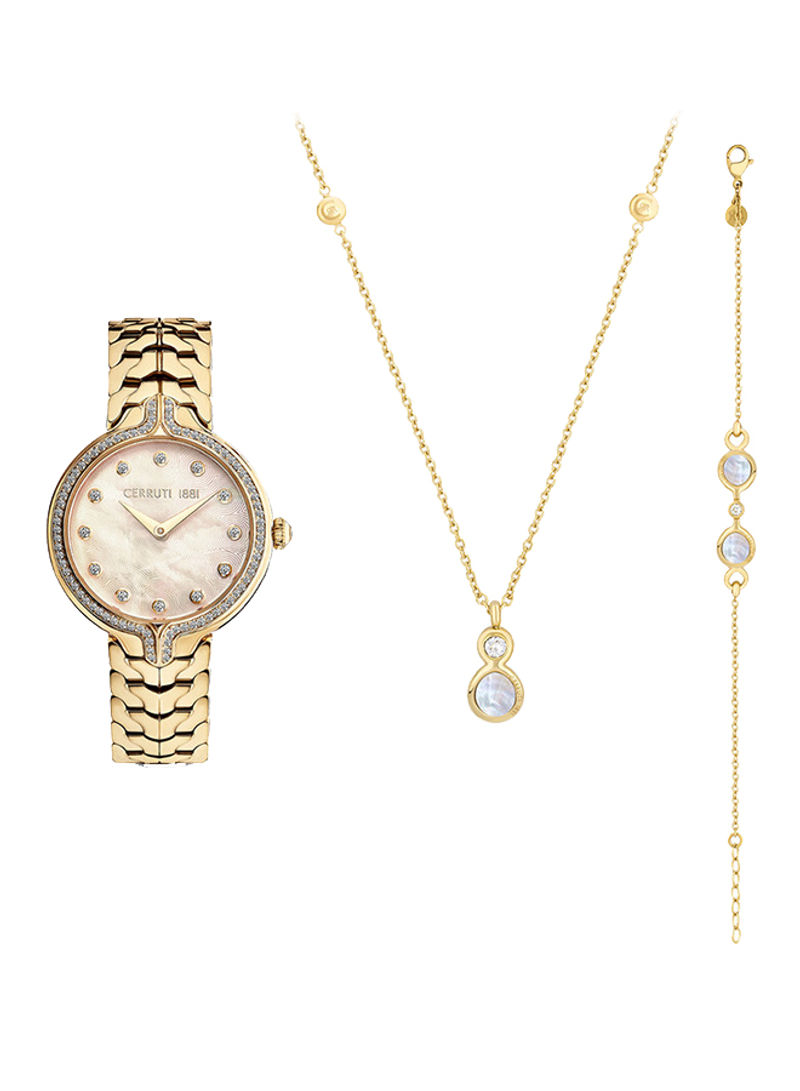 Exclusive Set Box by Cerruti 1881 Includes Watch with White Mother of Pearl Dial and Gold Plated Bracelet and Includes Gold Plated Necklace and Bracelet