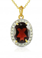 18K Gold Genuine Diamond Oval Cut Garnet Pendant Necklace 0.12 Carat