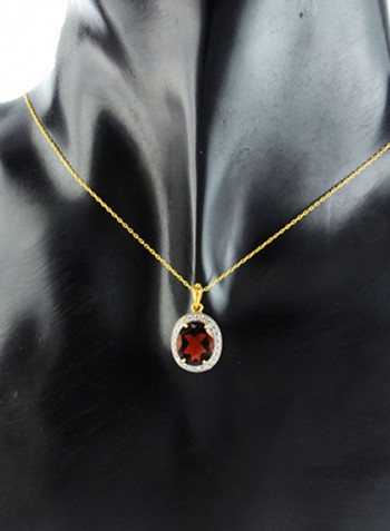 18K Gold Genuine Diamond Oval Cut Garnet Pendant Necklace 0.12 Carat
