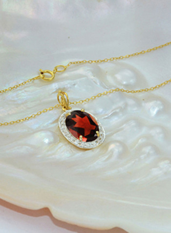 18K Gold Genuine Diamond Oval Cut Garnet Pendant Necklace 0.12 Carat