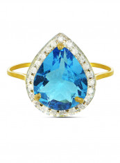 18K Gold Genuine Diamond Swiss Blue Topaz Ring 0.12 Carat