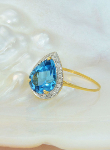 18K Gold Genuine Diamond Swiss Blue Topaz Ring 0.12 Carat
