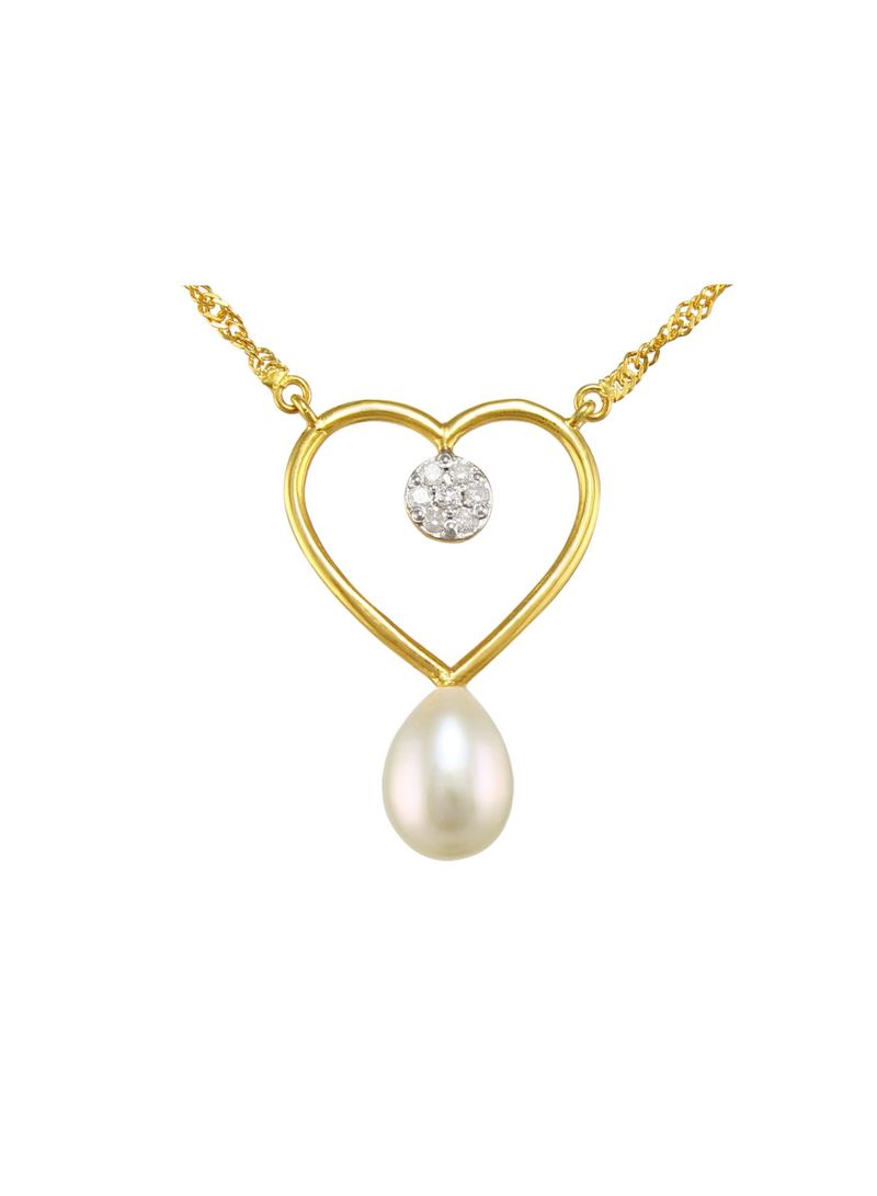 18K Solid Gold, 0.07Cts Diamonds And 7mm Pearl Heart Solitaire Necklace