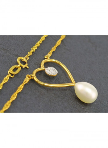 18K Solid Gold, 0.07Cts Diamonds And 7mm Pearl Heart Solitaire Necklace