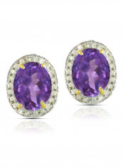 18K Gold Genuine Diamond Oval Cut Amethyst Earrings 0.24 Carat