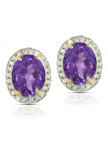 18K Gold Genuine Diamond Oval Cut Amethyst Earrings 0.24 Carat