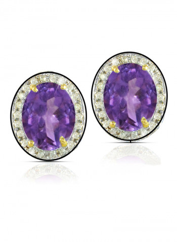 18K Gold Genuine Diamond Oval Cut Amethyst Earrings 0.24 Carat