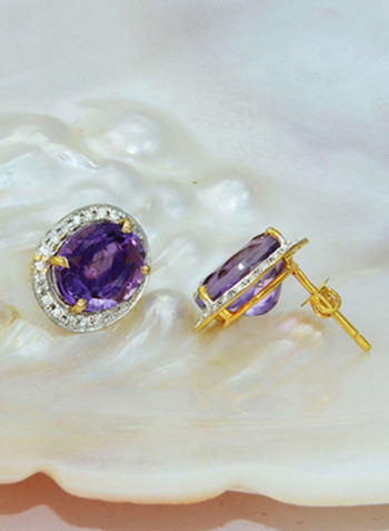 18K Gold Genuine Diamond Oval Cut Amethyst Earrings 0.24 Carat