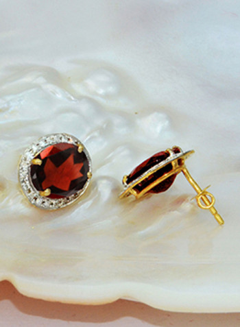 18 Karat Gold Genuine Diamond Oval Cut Garnet Earrings