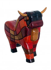 Bull Design Wooden Sculpture Brown/Red 10.75x11.5x5.75inch