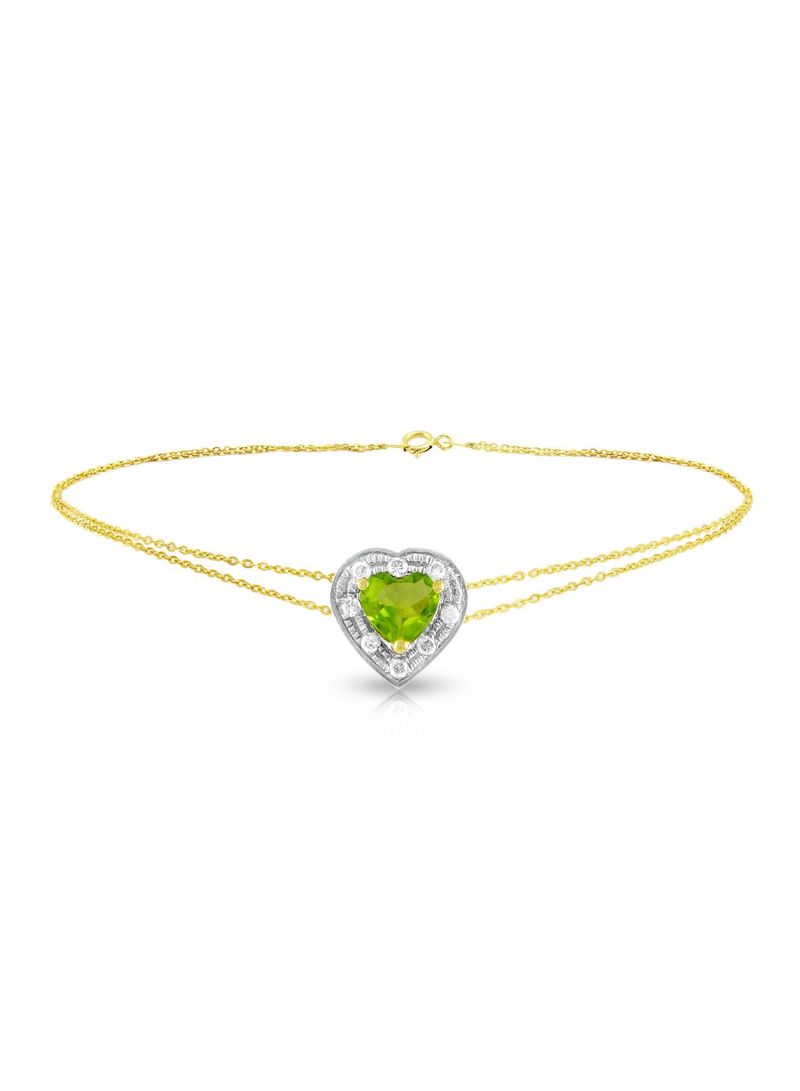18K Solid Gold And 0.08Cts Diamonds And 5mm Genuine Peridot Heart Bracelet