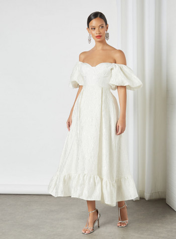 Jacquard Bardot Dress Ivory