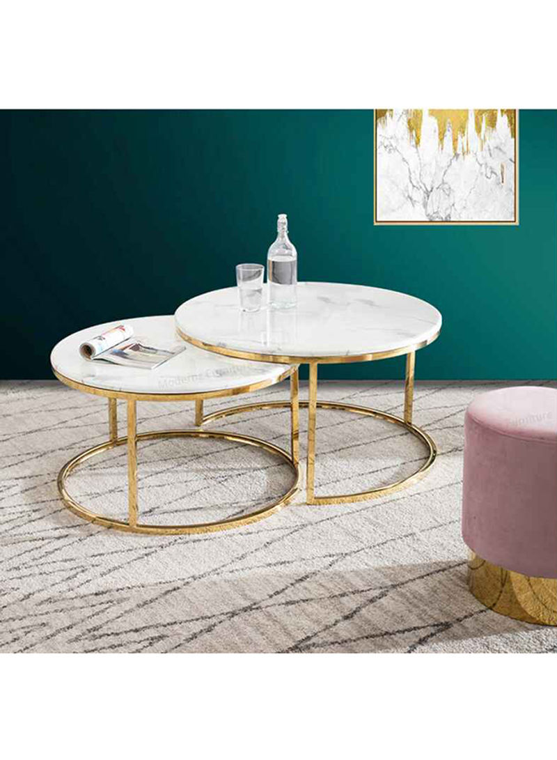 2-Piece Modern Design Marble Coffee Table Set White/Rose Gold