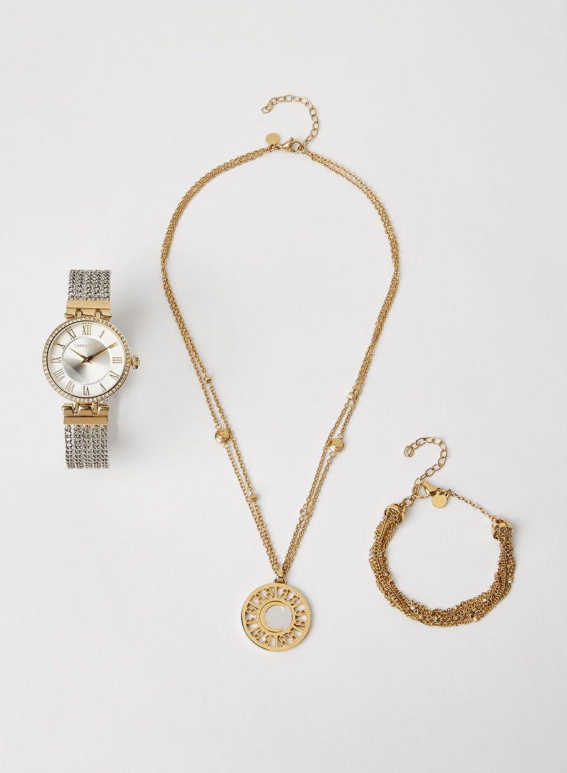 Gold Plated Chain Necklace With Bracelet And Watch Set