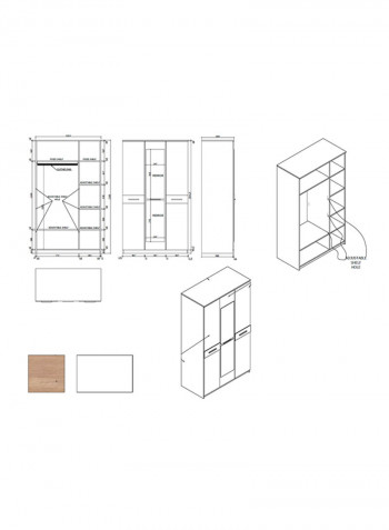 3-Door Wardrobe With Mirror Multicolour 121 x 210 x 60centimeter