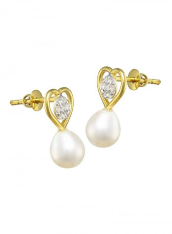 18K Solid Gold 0.14Ct Diamond And Pearls Solitaire Heart Earrings