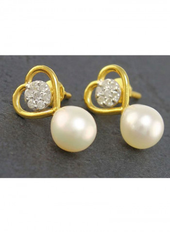 18K Solid Gold 0.14Ct Diamond And Pearls Solitaire Heart Earrings