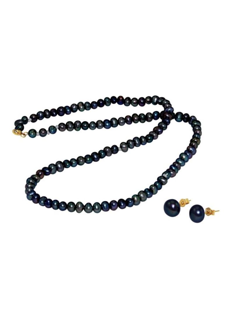 18K Gold Black Pearl Strand Necklace With Studs
