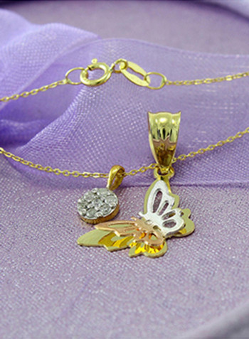 18K Gold Genuine Diamonds Butterfly And Solitaire Necklace 0.07 Carat