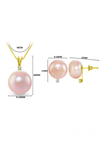 18 Karat Gold 0.06 Carat Diamonds 9-10 mm Pearl Pendant Necklace And Earrings Set