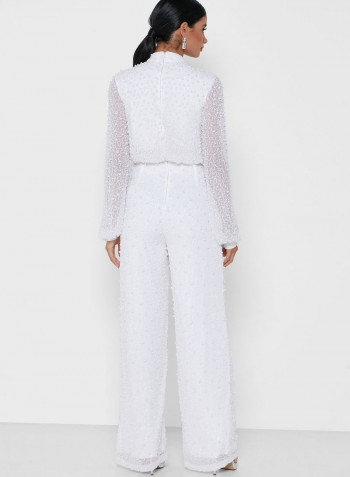 Long Sleeve Embellished Jumpsuit White