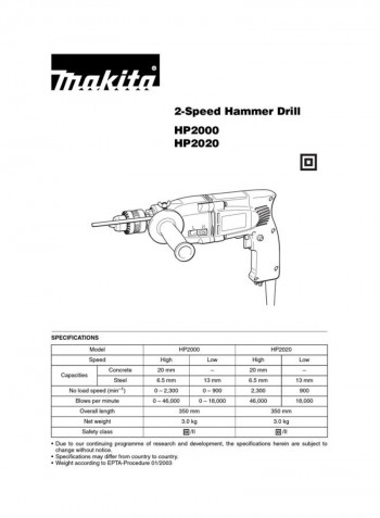 PT Makita Drill Machine 20mm 800W HP2000 Blue/Silver/Black 20millimeter