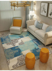 Block Soft Comfortable Anti-Skid Living Room Carpet Blue/White 200x300centimeter