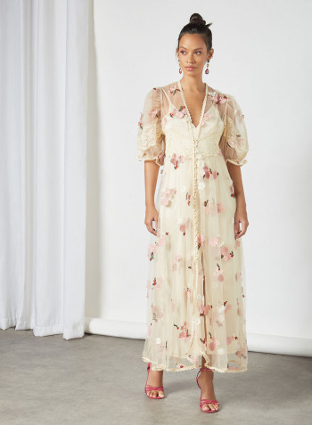 Floral Embroidered Maxi Dress Beige