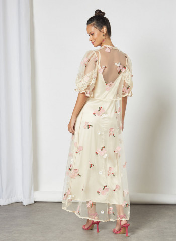 Floral Embroidered Maxi Dress Beige