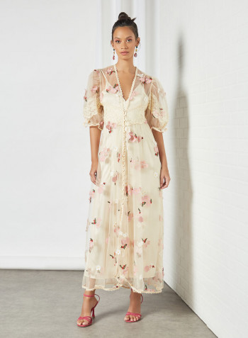 Floral Embroidered Maxi Dress Beige