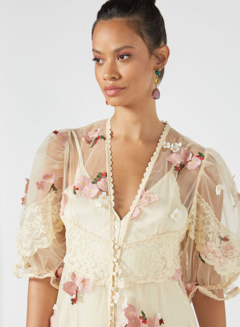 Floral Embroidered Maxi Dress Beige