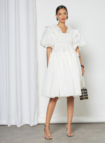 Puff Sleeve Ruffle Midi Dress Ivory