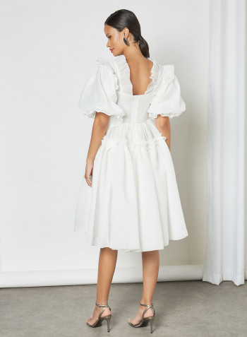 Puff Sleeve Ruffle Midi Dress Ivory