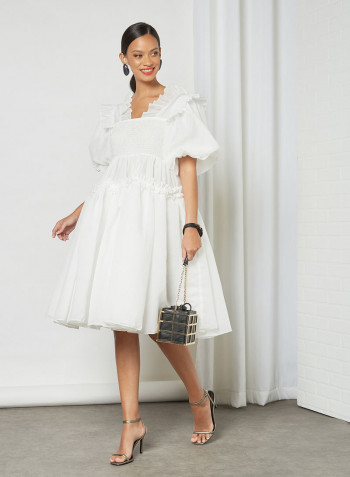 Puff Sleeve Ruffle Midi Dress Ivory