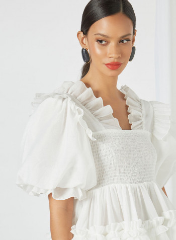 Puff Sleeve Ruffle Midi Dress Ivory