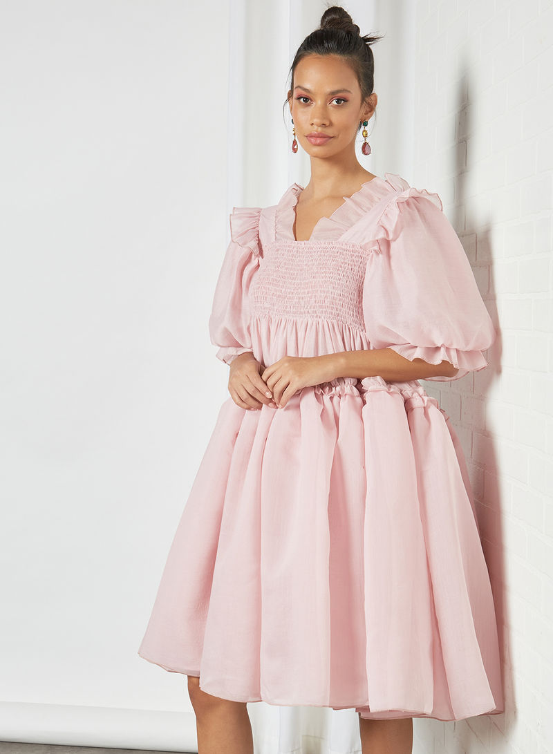 Puff Sleeve Smocked Dress Pink