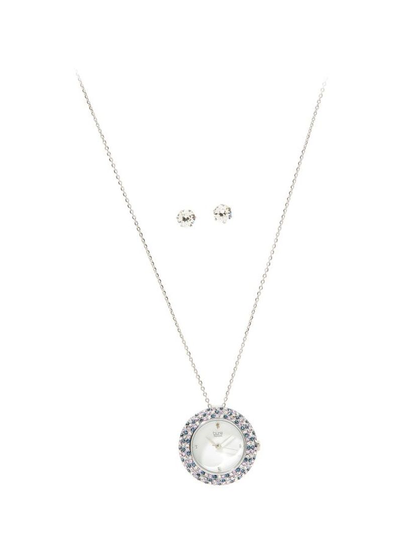 2 Piece Watch Necklace And Earrings Set Silver