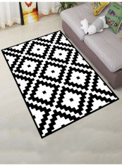 Geometric Pattern Washable Floor Mat White/Black 120 x 160cm