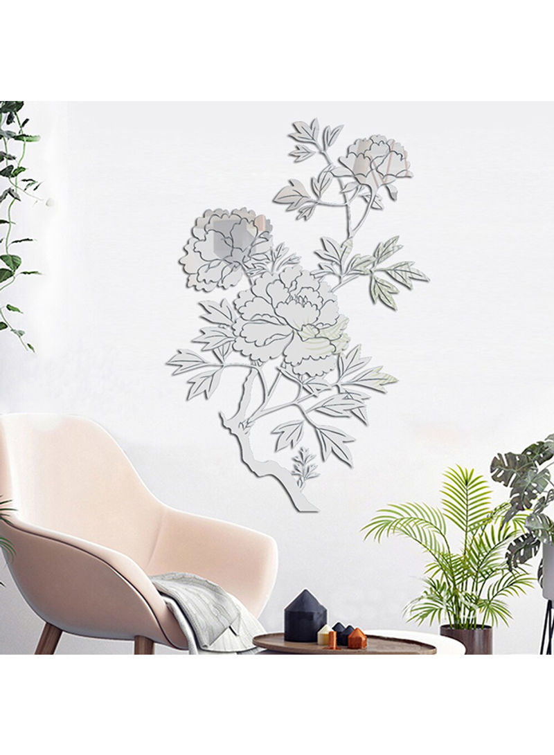 Flowers Design Mirror Wall Sticker Silver