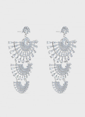 Sparkling Dance Dial Up Pierced Earrings, White, Rhodium plated