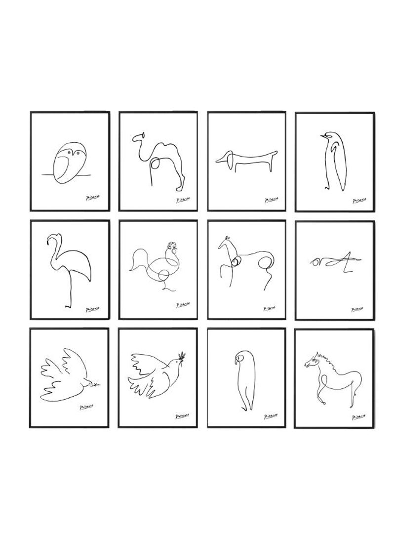 12-Piece Picasso Line Drawings Animal Sketches Poster With Frame White/Black 40x50cm